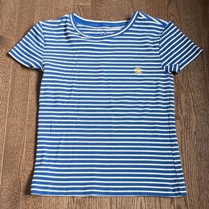 LOFT Blue and White Striped Short Sleeve Tee with Yellow Sun Accent